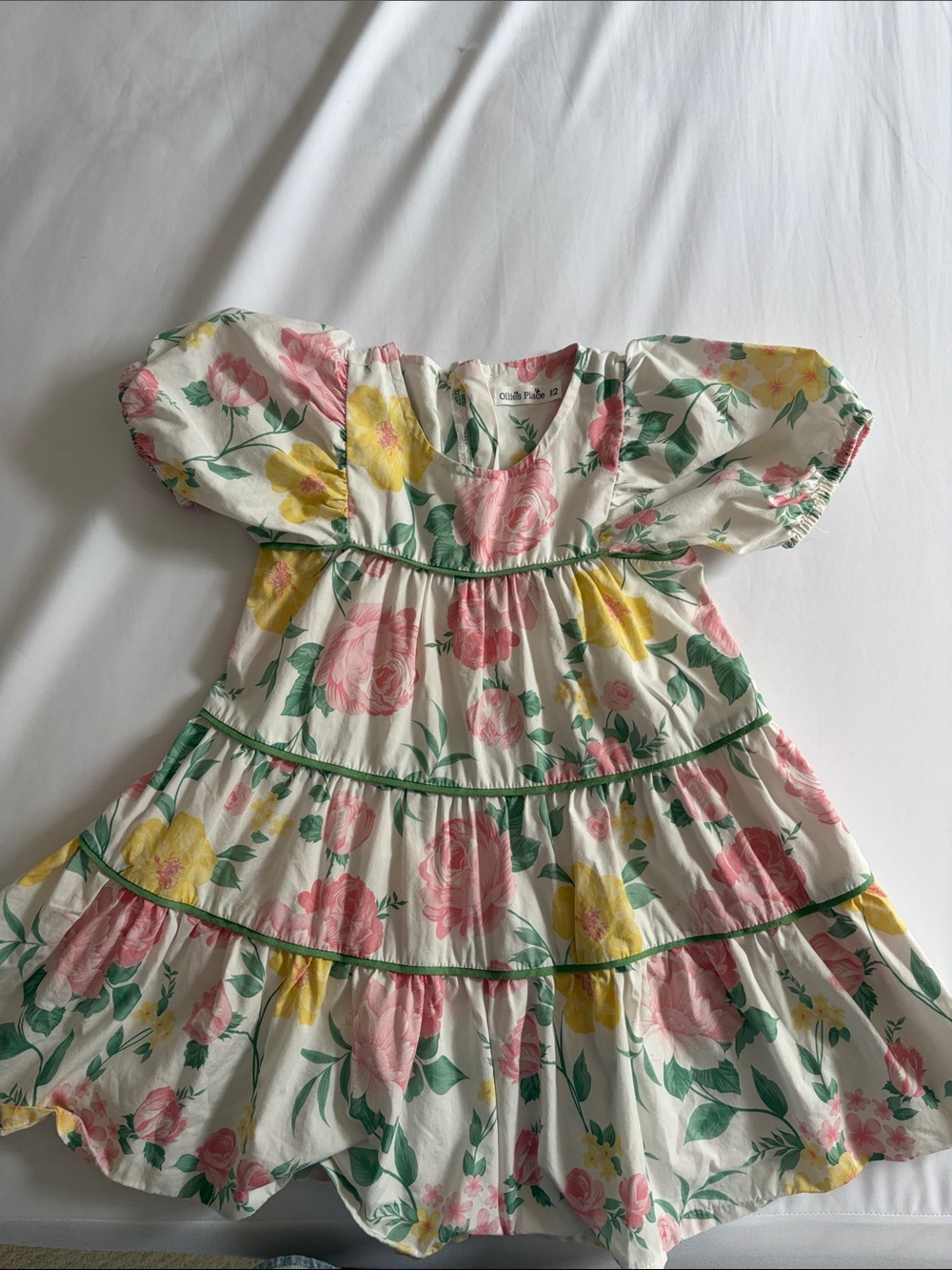 Girls Floral Puff-Sleeve Tiered Dress - Pink, Yellow & Green